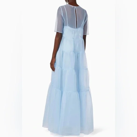 NWOT STAUD Hyacinth Crepe Organza Blue Toile Tiered Maxi Dress Small